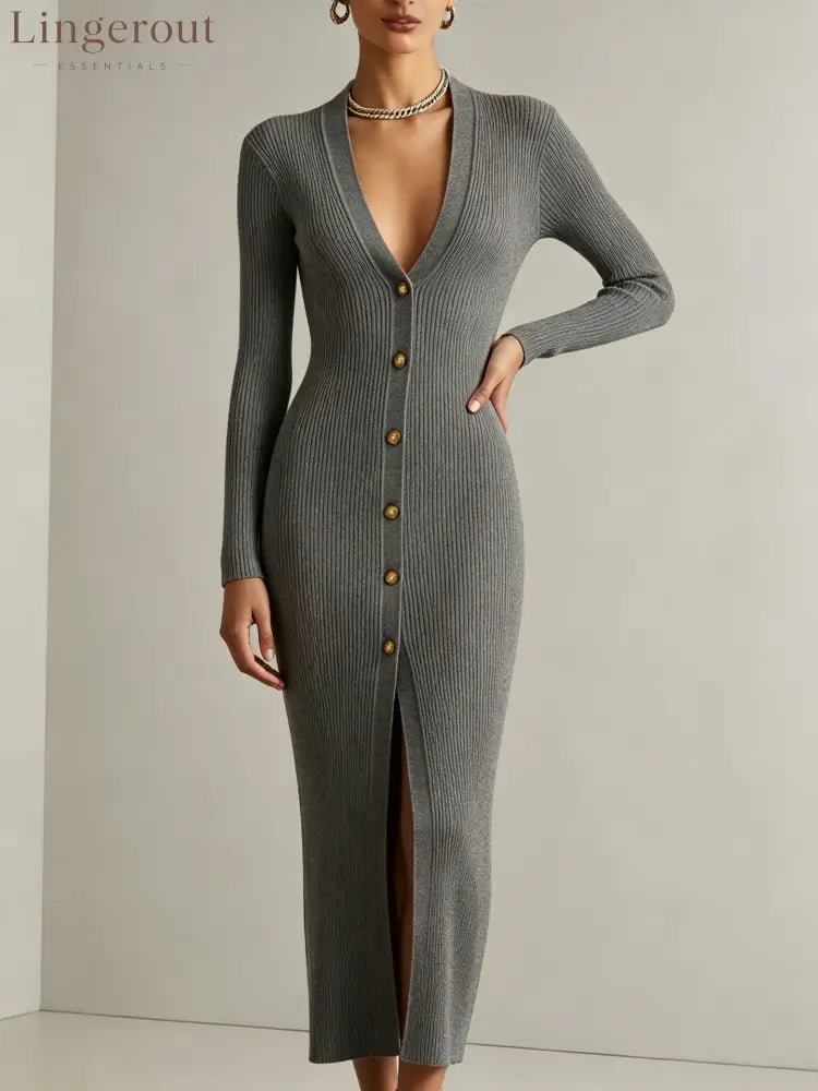 V‑Neck Button Front Ribbed Knit Slit Midi Dress - Gray / XS