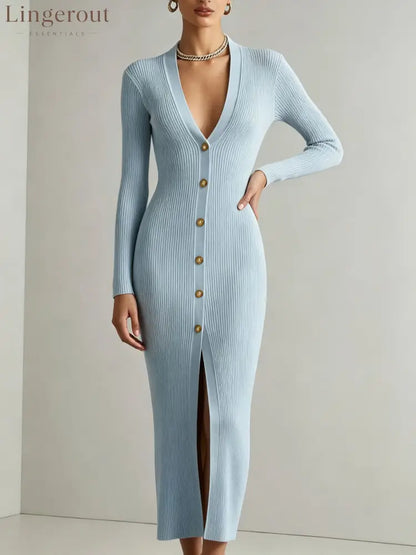 V‑Neck Button Front Ribbed Knit Slit Midi Dress - Light blue / XS