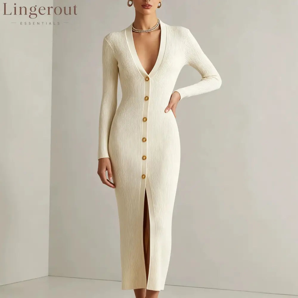 V‑Neck Button Front Ribbed Knit Slit Midi Dress - Off-white / XS