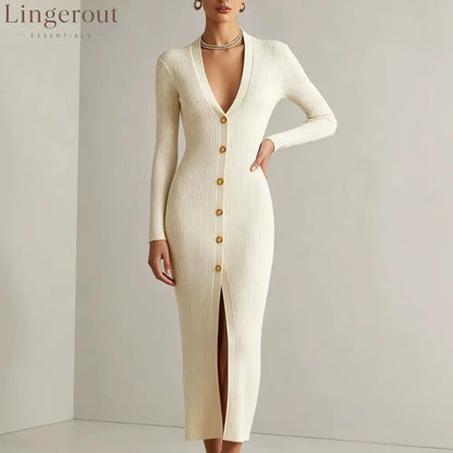 V‑Neck Button Front Ribbed Knit Slit Midi Dress - Off-white / XS