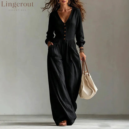 V-Neck Button Front Wide Leg Jumpsuit
