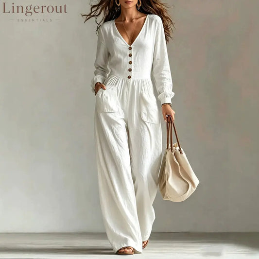 V-Neck Button Front Wide Leg Jumpsuit