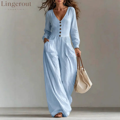 V-Neck Button Front Wide Leg Jumpsuit