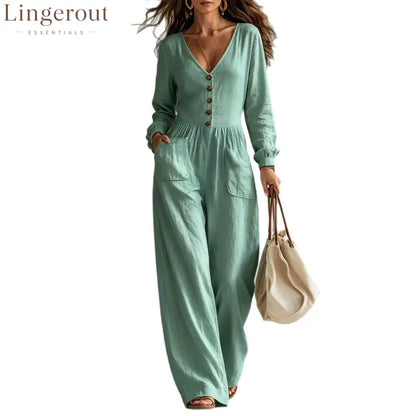 V-Neck Button Front Wide Leg Jumpsuit