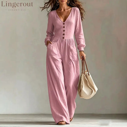 V-Neck Button Front Wide Leg Jumpsuit