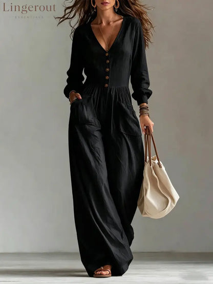 V-Neck Button Front Wide Leg Jumpsuit - Black / S