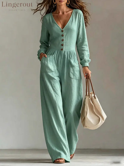 V-Neck Button Front Wide Leg Jumpsuit - Green / S
