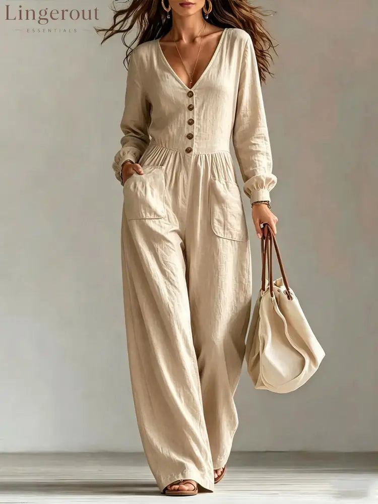 V-Neck Button Front Wide Leg Jumpsuit - Khaki / S