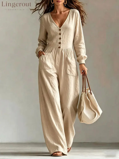 V-Neck Button Front Wide Leg Jumpsuit - Khaki / S
