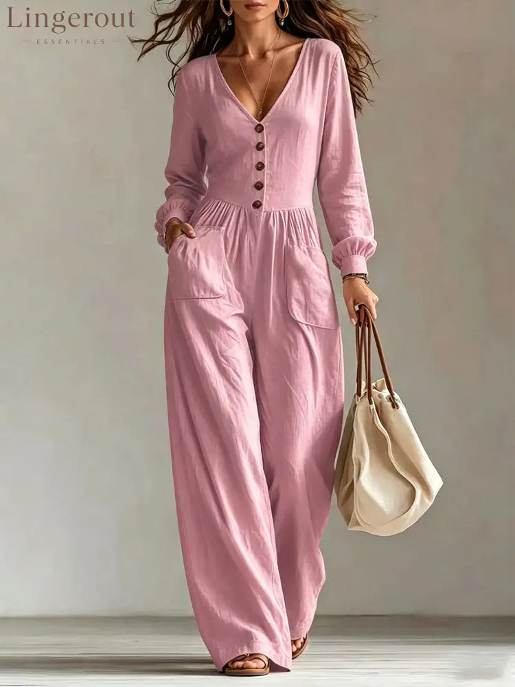 V-Neck Button Front Wide Leg Jumpsuit - Pink / S
