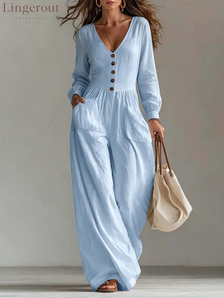 V-Neck Button Front Wide Leg Jumpsuit - Sky blue / S