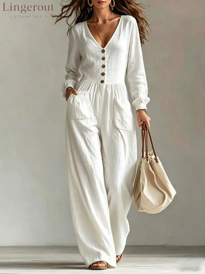 V-Neck Button Front Wide Leg Jumpsuit - White / S