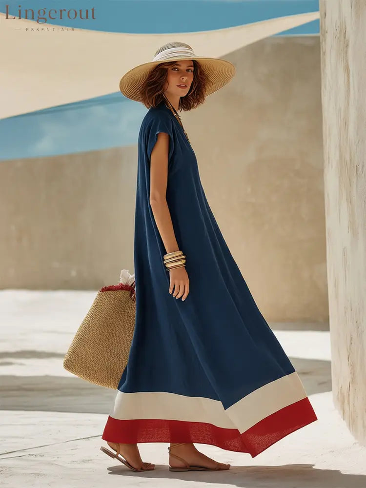 V-Neck Cap Sleeve Color Block Hem Linen Blend Loose Maxi Dress
