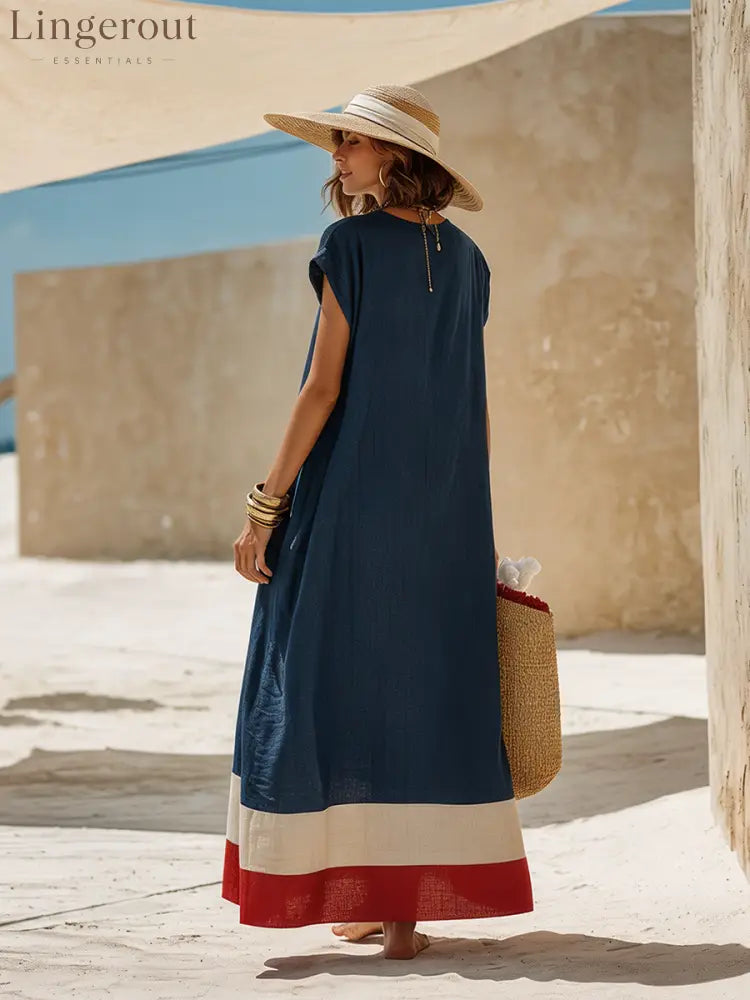 V-Neck Cap Sleeve Color Block Hem Linen Blend Loose Maxi Dress