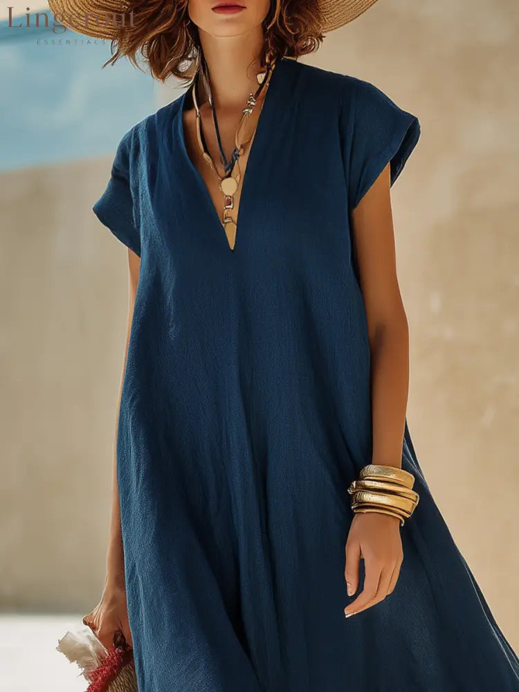 V-Neck Cap Sleeve Color Block Hem Linen Blend Loose Maxi Dress