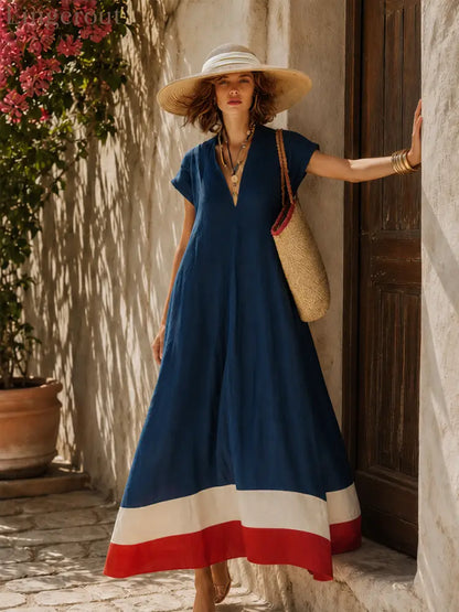 V-Neck Cap Sleeve Color Block Hem Linen Blend Loose Maxi Dress