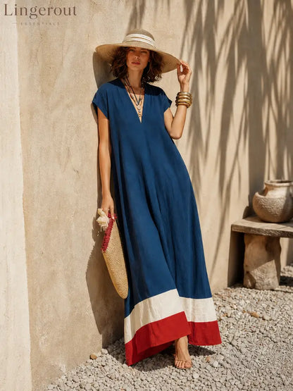 V-Neck Cap Sleeve Color Block Hem Linen Blend Loose Maxi Dress