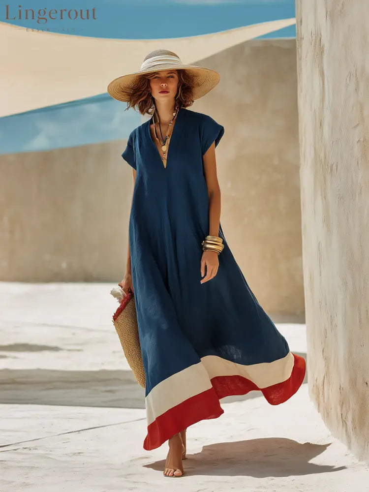 V-Neck Cap Sleeve Color Block Hem Linen Blend Loose Maxi Dress