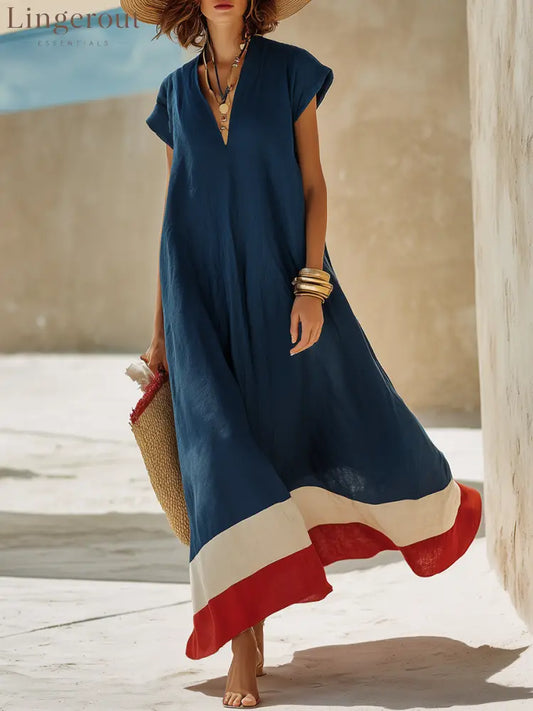 V-Neck Cap Sleeve Color Block Hem Linen Blend Loose Maxi Dress - Navy Blue / XS