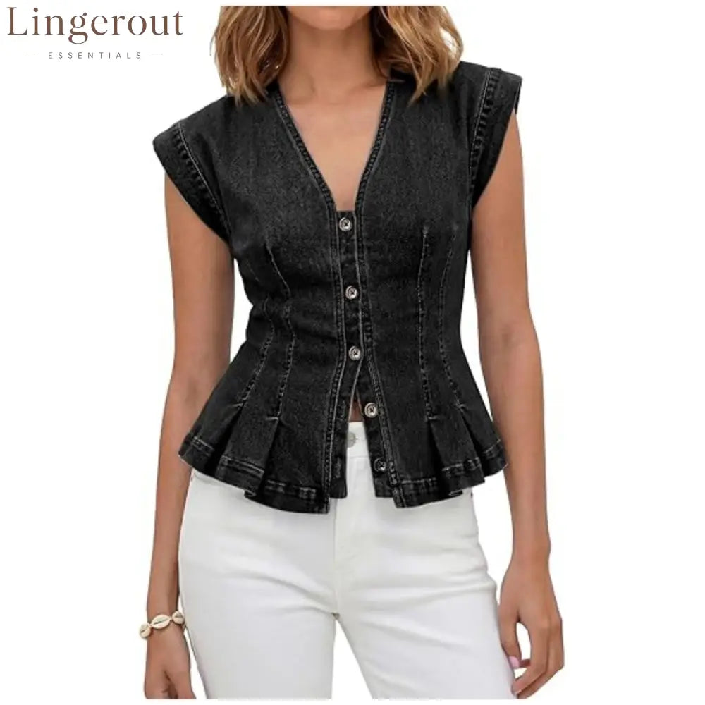 V-Neck Denim Peplum Vest - Black / S