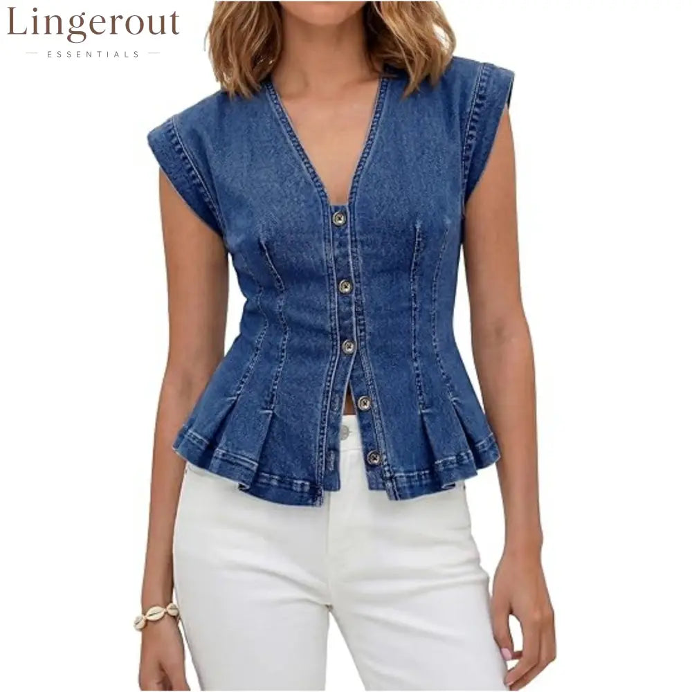 V-Neck Denim Peplum Vest - Dark blue / S