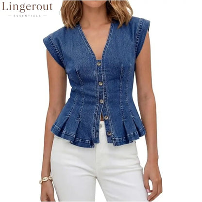 V-Neck Denim Peplum Vest - Dark blue / S