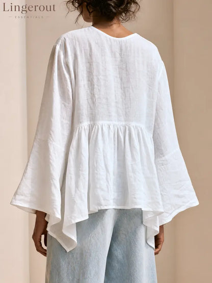 Women's Premium Minimalist Cotton-Linen V-Neck Flared Sleeves Loose Shirt ZMZ2407G3ZYY