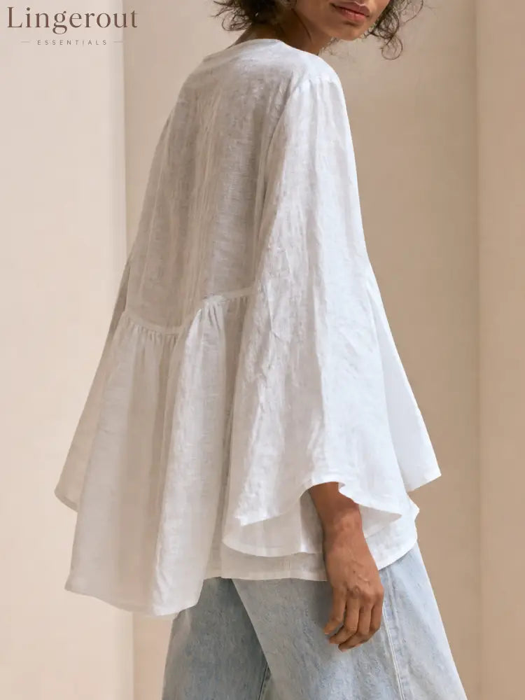 Women's Premium Minimalist Cotton-Linen V-Neck Flared Sleeves Loose Shirt ZMZ2407G3ZYY