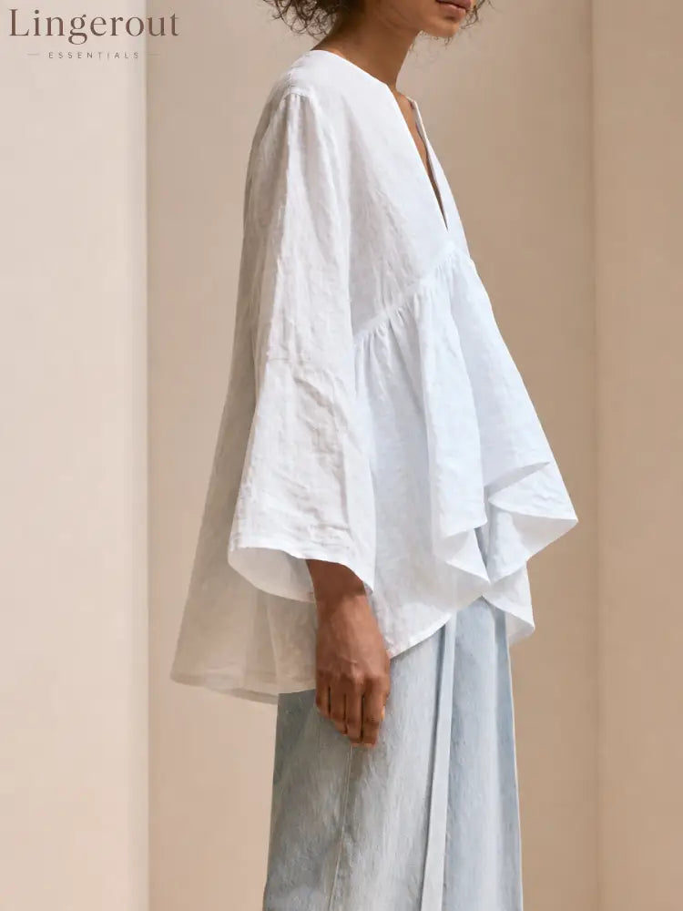 Women's Premium Minimalist Cotton-Linen V-Neck Flared Sleeves Loose Shirt ZMZ2407G3ZYY