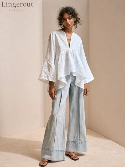 Women's Premium Minimalist Cotton-Linen V-Neck Flared Sleeves Loose Shirt ZMZ2407G3ZYY