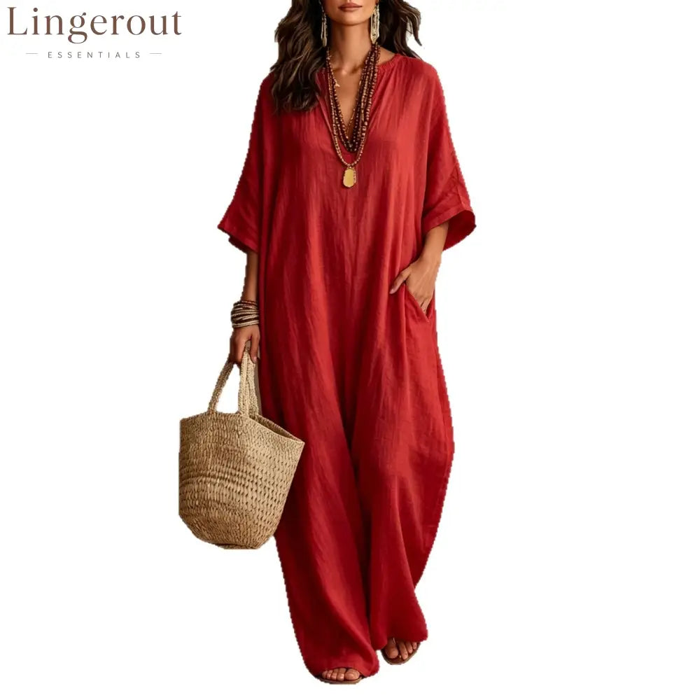V‑Neck Half‑Sleeve Linen Blend Loose Maxi Kaftan Dress With Pockets