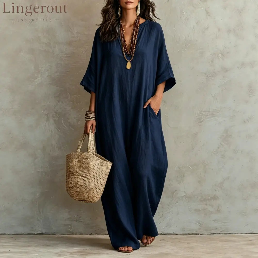 V‑Neck Half‑Sleeve Linen Blend Loose Maxi Kaftan Dress With Pockets