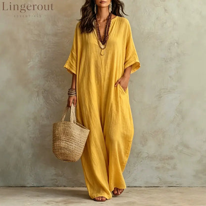 V‑Neck Half‑Sleeve Linen Blend Loose Maxi Kaftan Dress With Pockets