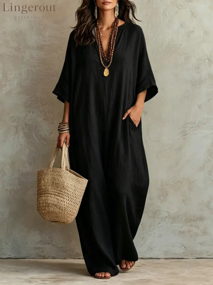 V‑Neck Half‑Sleeve Linen Blend Loose Maxi Kaftan Dress With Pockets - Black / S