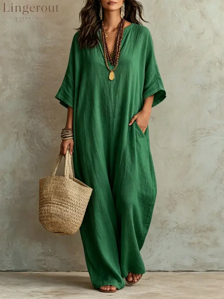 V‑Neck Half‑Sleeve Linen Blend Loose Maxi Kaftan Dress With Pockets - Green / S