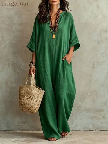 V‑Neck Half‑Sleeve Linen Blend Loose Maxi Kaftan Dress With Pockets - Green / S
