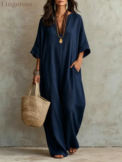 V‑Neck Half‑Sleeve Linen Blend Loose Maxi Kaftan Dress With Pockets - Navy blue / S