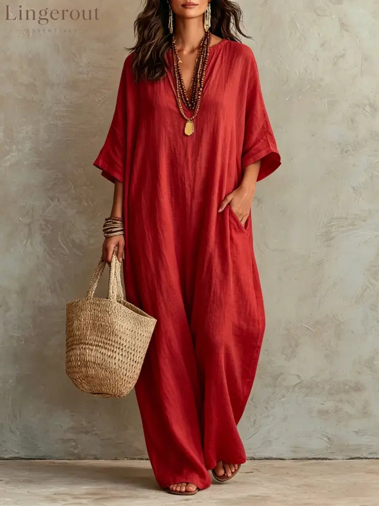 V‑Neck Half‑Sleeve Linen Blend Loose Maxi Kaftan Dress With Pockets - Red / S