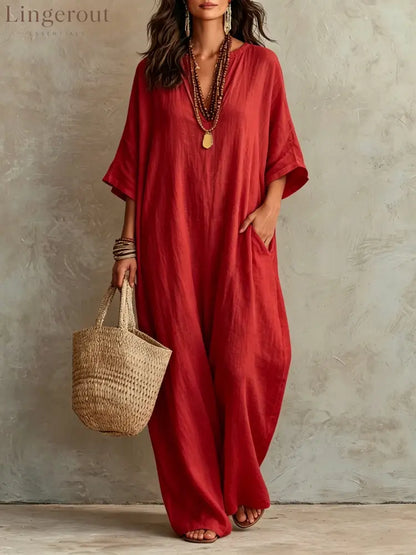 V‑Neck Half‑Sleeve Linen Blend Loose Maxi Kaftan Dress With Pockets - Red / S