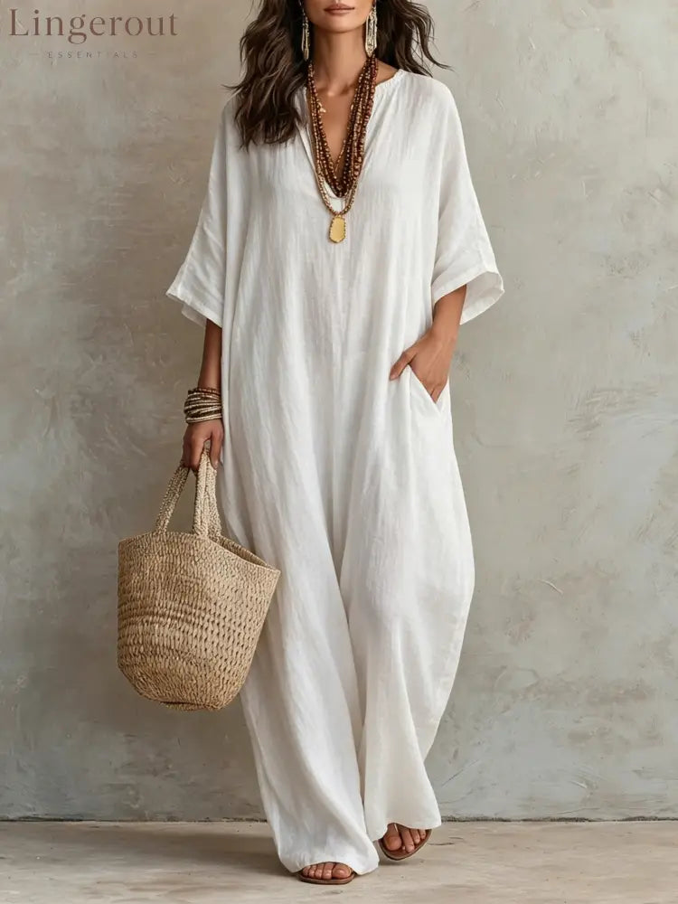 V‑Neck Half‑Sleeve Linen Blend Loose Maxi Kaftan Dress With Pockets - White / S