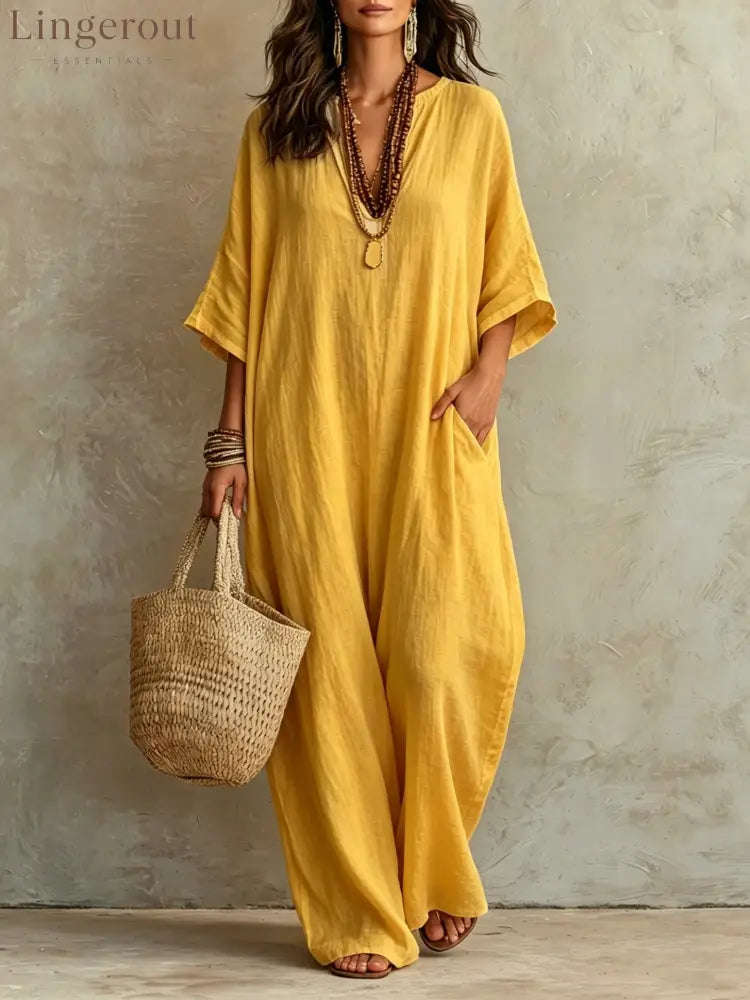 V‑Neck Half‑Sleeve Linen Blend Loose Maxi Kaftan Dress With Pockets - Yellow / S