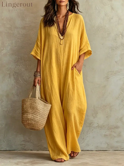 V‑Neck Half‑Sleeve Linen Blend Loose Maxi Kaftan Dress With Pockets - Yellow / S