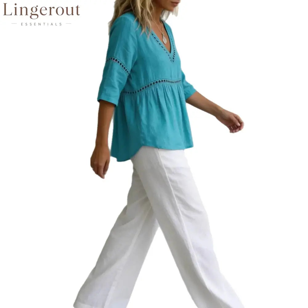 V-Neck Hollow-Out 3/4 Sleeve Blouse