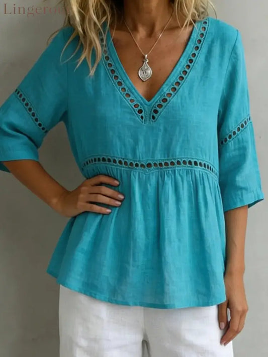 V-Neck Hollow-Out 3/4 Sleeve Blouse - Peacock blue / S