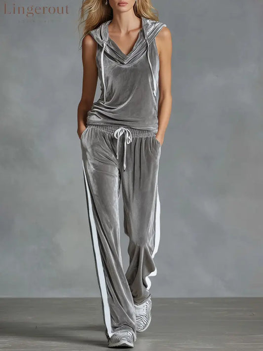 V-neck Hooded Sleeveless Top And Pants Velvet Set - Gray / XS
