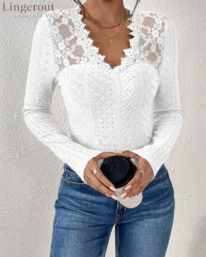V-Neck Lace Panel Long-Sleeved Top