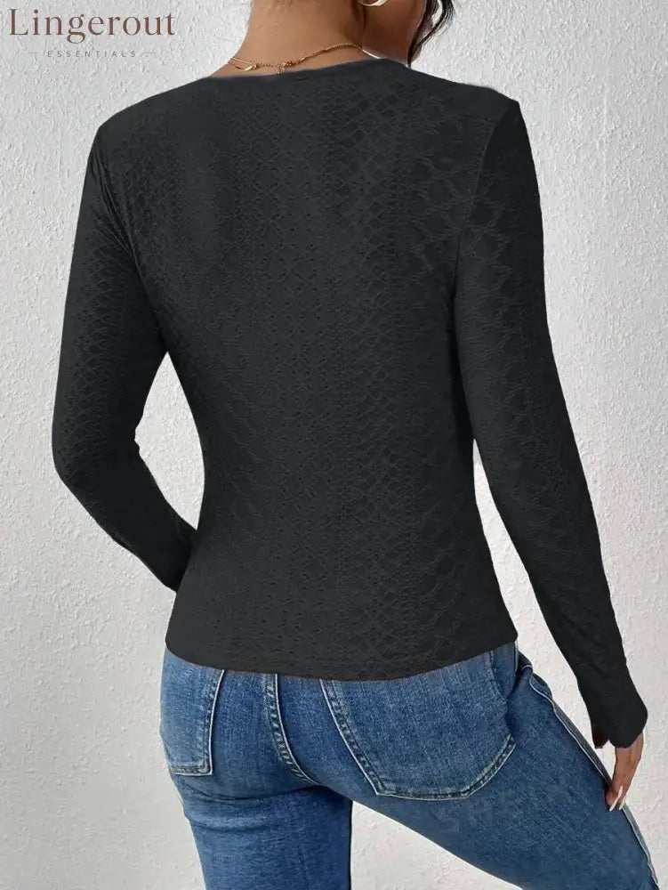 V-Neck Lace Panel Long-Sleeved Top