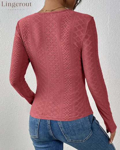 V-Neck Lace Panel Long-Sleeved Top