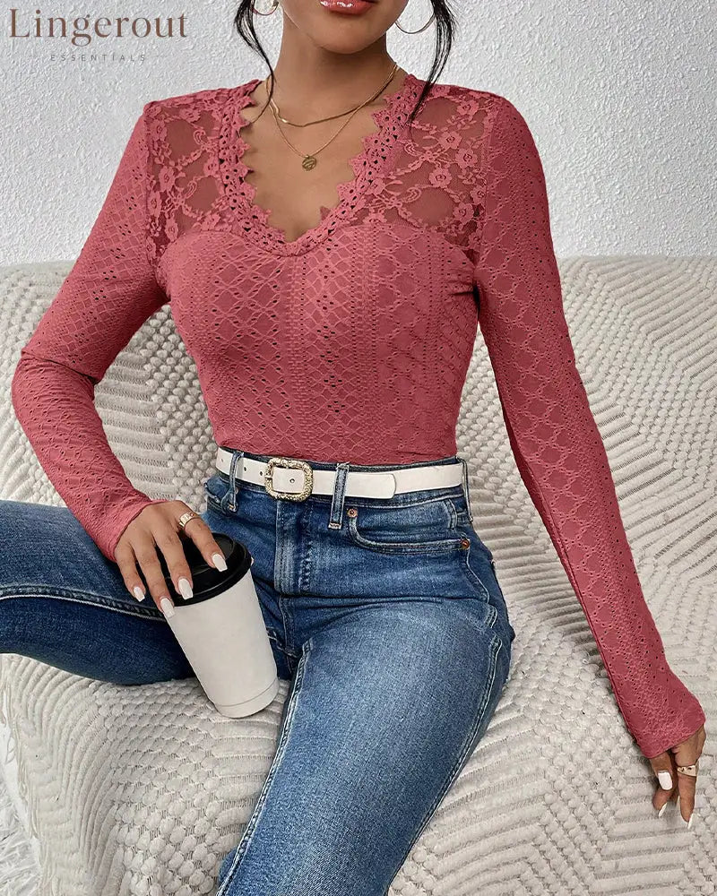 V-Neck Lace Panel Long-Sleeved Top
