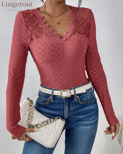 V-Neck Lace Panel Long-Sleeved Top - Pink / S
